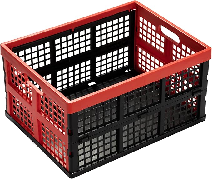 34L Large Plastic Folding Storage Crates,Collapsible Crates for Storage,Pack of 3 (Black+Red)