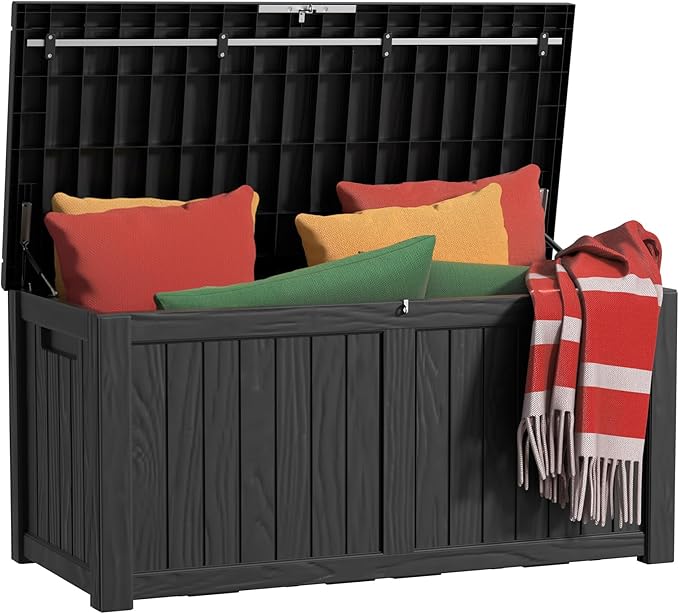 EasyUp 150 Gallon Outdoor Storage Box Waterproof, UV Resistant Resin Deck Box with Hydraulic Rod, Reinforced Stability for Patio, Garden, and Pool, Striped Black
