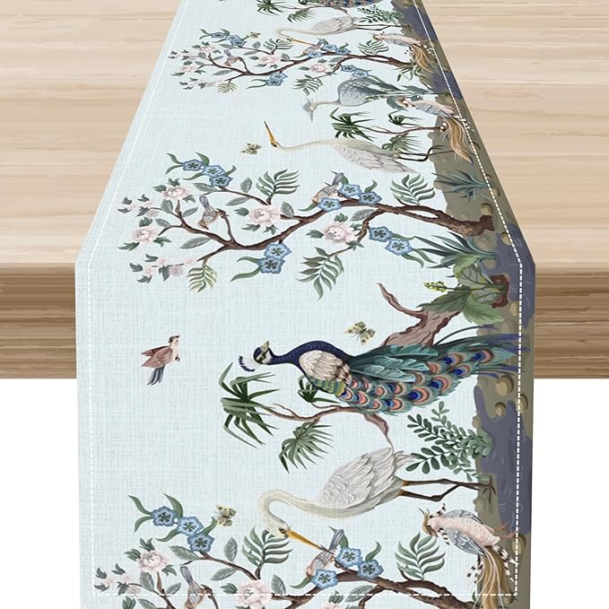 Blue Peacock Table Runner,Rustic Light Blue Crane Floral Branch Table Center Decor for Home Dining Kitchen Patio Holiday Party Indoor Table Decorations, 13"x90"