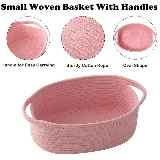 Gift Basket with Gift Bag and Ribbons,Small Rope Woven Shelf Storage,Baskets for Gifts Empty,Birthday,Baby Shower,Decorative Organizer Box with Handles(Pink)