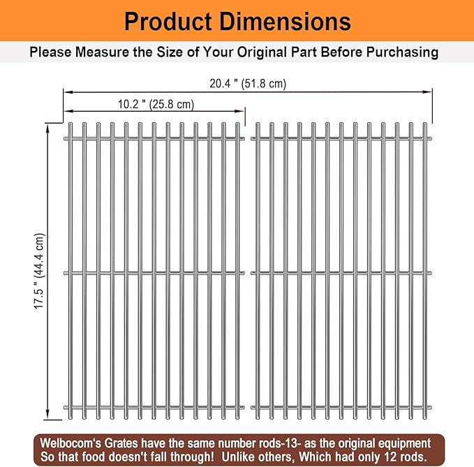 17.5" Grill Grates for Weber Spirit E210 E220 & Spirit II E210 E220 Series Grills with Front Control Knobs;304 Stainless Steel Grates;Weber Grill Grates 7637;Weber Grill Grids (2 Pcs)