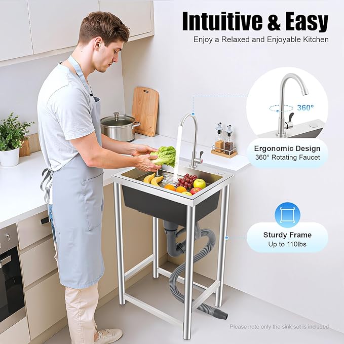 Free Standing Single Bowl Kitchen Sink Commercial, Outdoor Utility Sink Stainless Steel with Water Pipe Faucet Small Portable Sink Hand Wash Station for Garage Garden Backyard (18X16X30in)