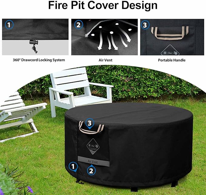 QH.HOME Fire Pit Cover Round, 100% Waterproof, 600D Strong Tear Resistant, Outdoor Firepit Covers Round Fits 33",34 inch ,35 inch,36 inch Fire Pit Cover, 36” Dia X 20”H -Black .