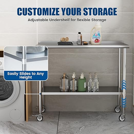 Stainless Steel Work Table with Wheels, 24x60 Inch NSF Food Prep Table with Backsplash & Adjustable Undershelf for Commercial Kitchen, Restaurant, Garage