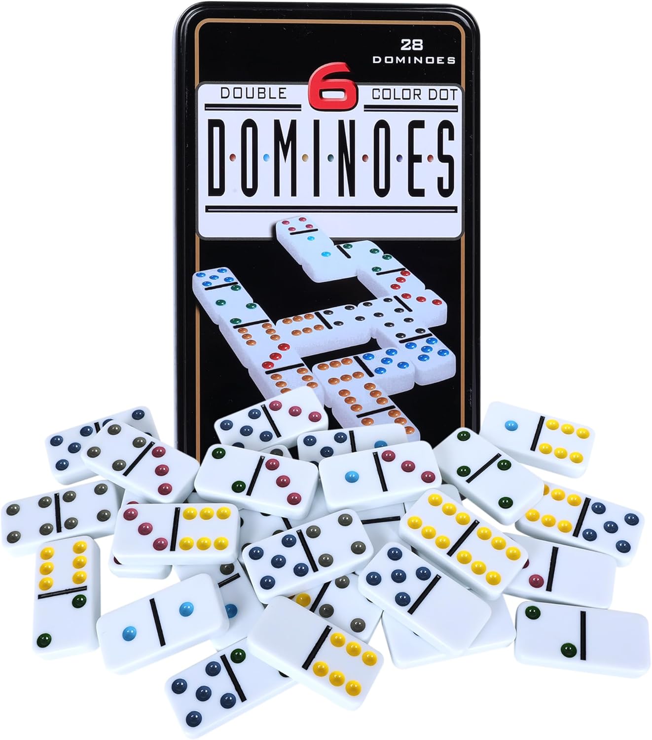 Double Six Dominoes Set with Tin Box - 28 Color Double 6 Domino Tiles for Kids & Adults, Classic Family Board Games for 2-4 Players, Travel, Party