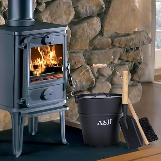 Ash Bucket with Lid, Shovel, and Broom - 3.5-Gallon Metal Ash Can for Fireplaces, Wood Stoves, and Fire Pits