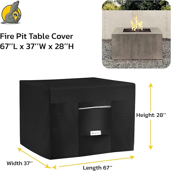 Seal Skin Covers Outdoor Fire Pit Cover – Rectangular 67"L x 37"W x 28"H, Heavy Duty Waterproof Fabric with PVC Coating, Windproof, Tear & Weather Resistant Fire Table Cover for Patio, Black
