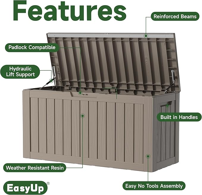 EasyUp 80 Gallon Outdoor Storage Box Waterproof, UV Resistant Resin Deck Box with Hydraulic Rod, Reinforced Stability for Patio, Garden, Striped Gray