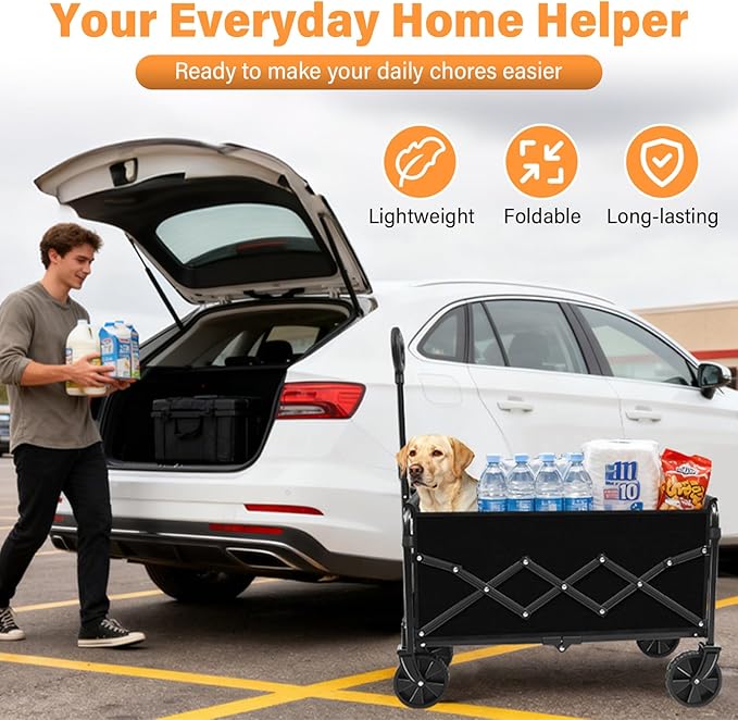 Wagons Carts Foldable, Collapsible Wagon with Wheels — Durable Folding Utility Pull Wagon Cart for Groceries, Picnic & Pets, Park Trips & Small Hauls, 360 lbs Heavy Duty Capacity,Graphite Black
