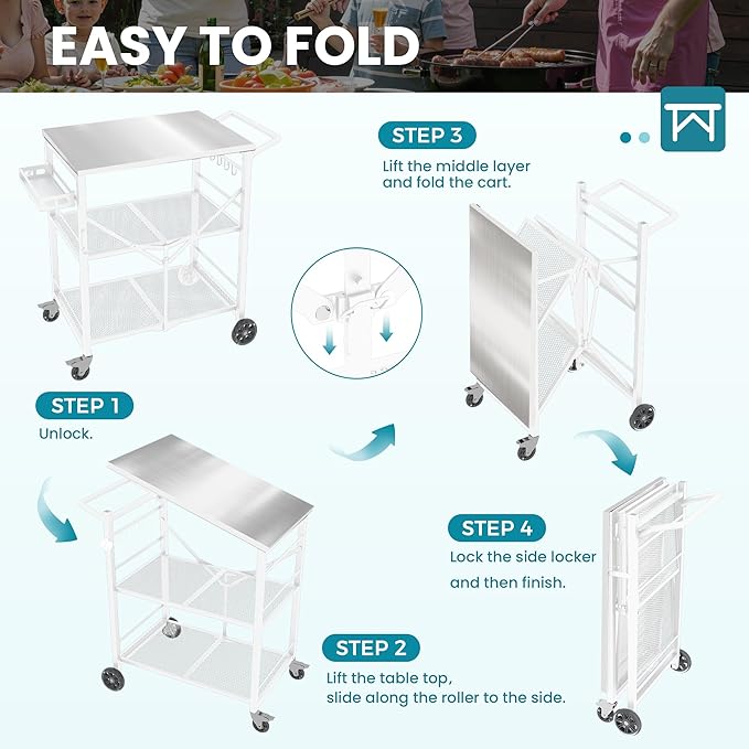 Ciokea Folding Outdoor Grill Cart with Wheels, 3-Shelf Grill Table with 27x18 inch Stainless Steel Top, Rolling Pizza Oven Stand, Metal Portable Cart for BBQ Patio Camping (White)
