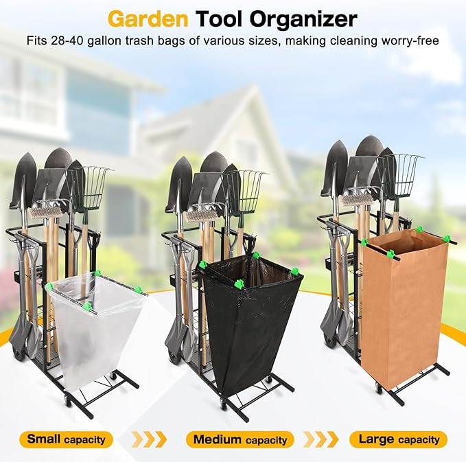CAROD Mobile Trash Bag Holder and Tools Organizer Cart 2-in-1, Metal Cleaning Carts on 360° Wheels, Convenient Leaf Bag Holder Cleaning Cart for Leaves, Snow, Indoor-to-Outdoor Maintenance