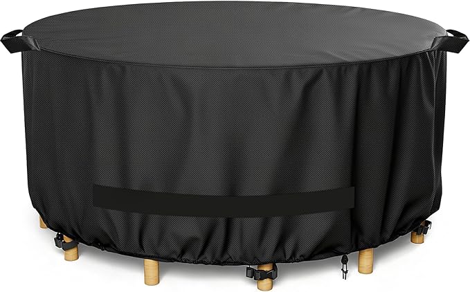 LBTING Round Patio Furniture Cover, Outdoor Table Chair Set Covers 62Dia x 28H Inches, 420D Waterproof Windproof Dust-proof UV-Resistant Furniture Cover - Black