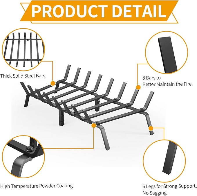 Heavy Duty 30Inch Fireplace Grate, Solid Steel Log Rack for Wood Burning, Extra Wide Firewood Grates for Indoor Fireplace & Outdoor Fire Pit, Wood Stove Grate