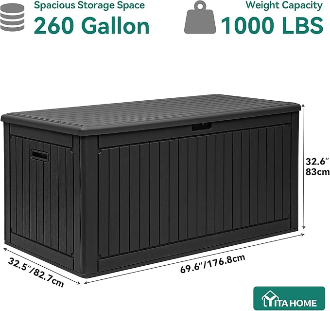 YITAHOME 260 Gallon Extra Large Deck Box, Double-Wall Resin Outdoor Storage Box with Flexible Divider for Patio Cushions Pool Supplies Garden Tools, 1000lbs Load Capacity, Lockable&Waterproof (Black)