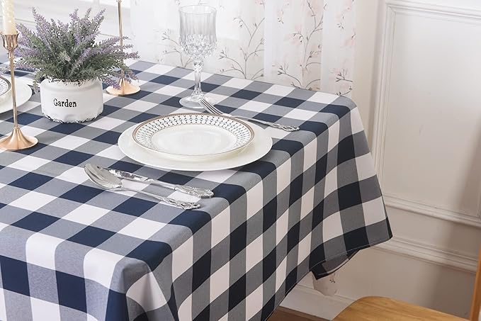 Cupuamon 2 Pack Waterproof Polyester Fabic Rectangle Checkered Tablecloth，60x120 Outdoor Table Cloth，Oil Stain Prevention Table Cloth for Pinics and Parties（Navy and White）