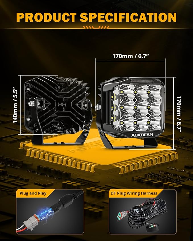 Auxbeam V-MAX Series LED Pod Lights, 7 Inch Offroad Driving Cube Lights with Amber DRL& Backlight, 228W Super Bright Spot Flood Combo Beam Universal Auxiliary Ditch Light with Amber Cover, 2PCS