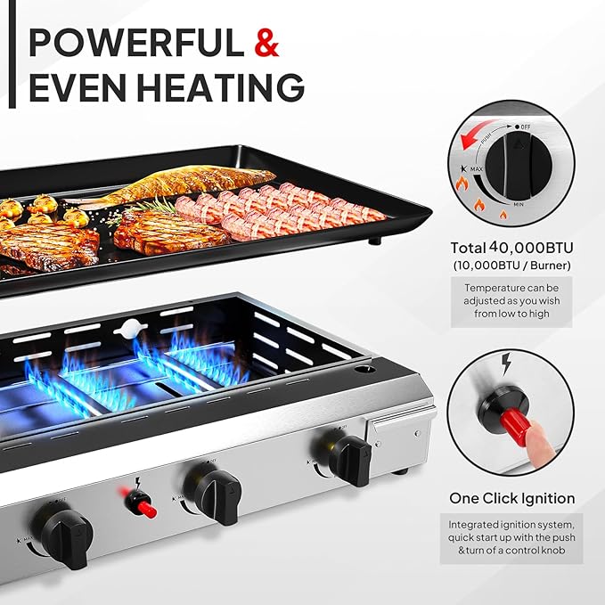ROVSUN 4 Burner Portable Propane Griddle with Electronic Ignition, 40000 BTU Rolling Flat Top Gas Grill with Nonstick Enameled Tray, Side Shelves & Regulator for Outdoor Cooking Camping BBQ Tailgating