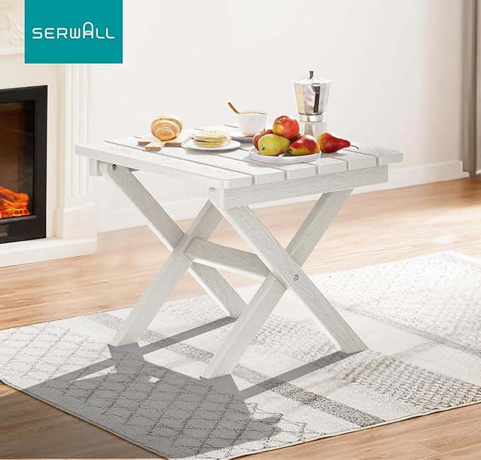 SERWALL Folding Outdoor Side Table Set of 2, Portable Adirondack Side Table, White