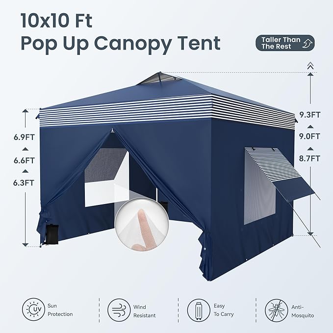 PHI VILLA 10x10 Pop Up Canopy Tent with Sidewalls - Easy Up Tent with Mesh Windows for Ventilation, Waterproof Design - Ideal for Parties, Beach, and Outdoor Events (Navy Stripe)