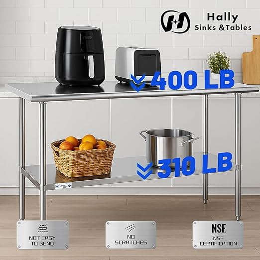 Hally Stainless Steel Table for Prep & Work 14 x 72 Inches, NSF Commercial Heavy Duty Table with Undershelf and Galvanized Legs for Restaurant, Home and Hotel