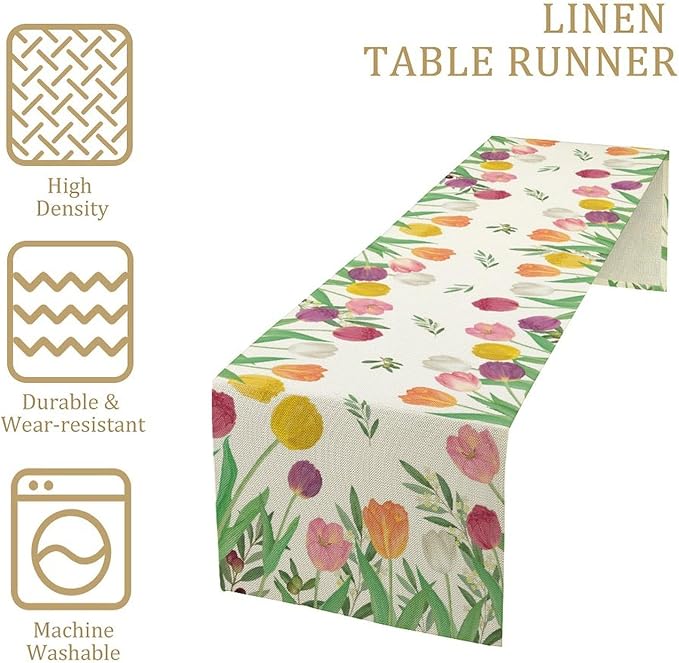 Tulips Spring Table Runner, Rustic Farmhouse Watercolor Botanical Colorful Tulips Olive Leaves Summer Garden Table Cover For Kitchen Dinning Table Indoor Outdoor Party Wedding Decor, 13x90inch