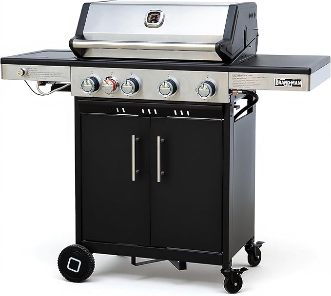 Brand-Man Portable Propane Gas Grill, 4 Burner Compact Cabinet Style Gas BBQ Grill with Infrared Side Burner & Side Table for Outdoor Barbecue Grilling & Backyard Cooking