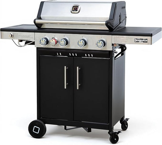 Brand-Man Portable Propane Gas Grill, 4 Burner Compact Cabinet Style Gas BBQ Grill with Infrared Side Burner & Side Table for Outdoor Barbecue Grilling & Backyard Cooking