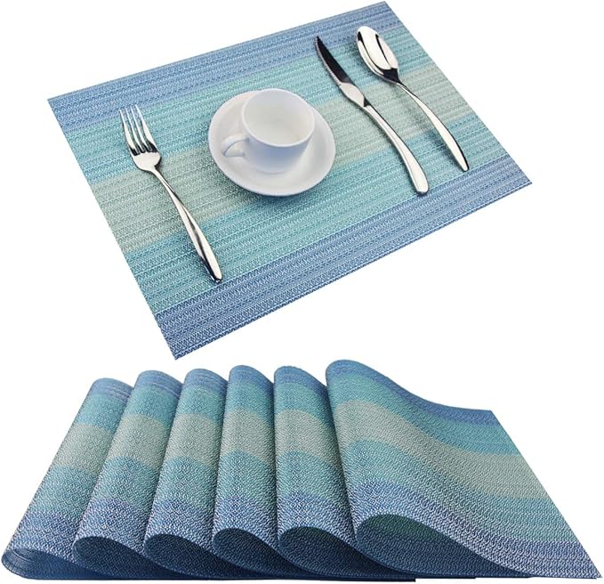 Plastic Placemats,Non Slip Washable Placemats for Dining Table Wipe Clean Table Mats Set of 6(Blue)