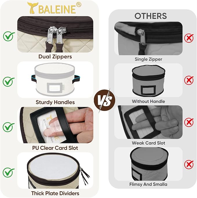BALEINE China Storage Containers, Soft Shell Case for Organizing, Stackable Moving Storage Box with Felt Plate Dividers for Dishes, Glasses, Mugs (Plate Set, Cream)