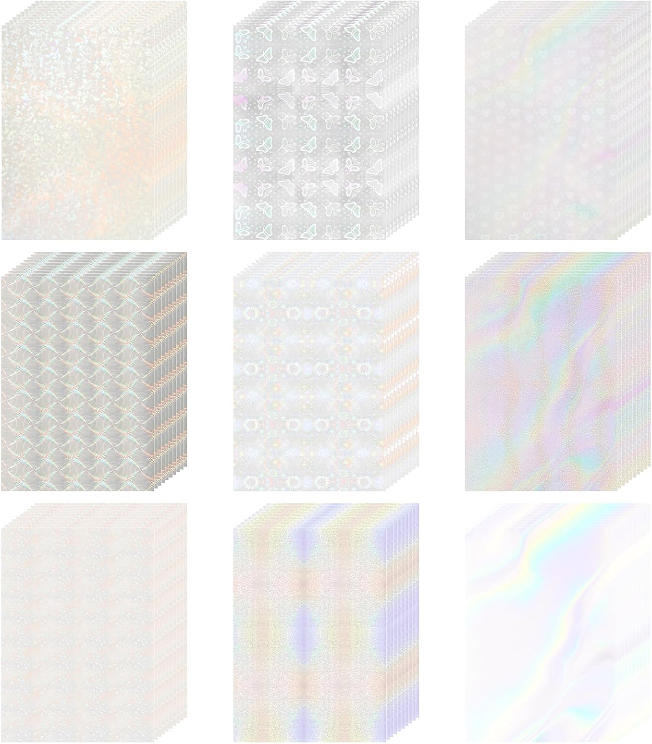 STARVAST 90 Sheets Holographic Sticker Paper, Transparent Holographic Vinyl Laminate Sheets, Self Adhesive A4 Size Printable Holographic Paper with Gem Rainbow Spot Star Patterns