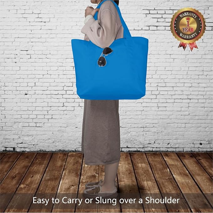 TOPDesign 3-Pack Canvas Tote Bags with an External Pocket, Reusable Grocery Shopping Bags, Top Zipper Closure, Daily Essentials (Ocean Blue)