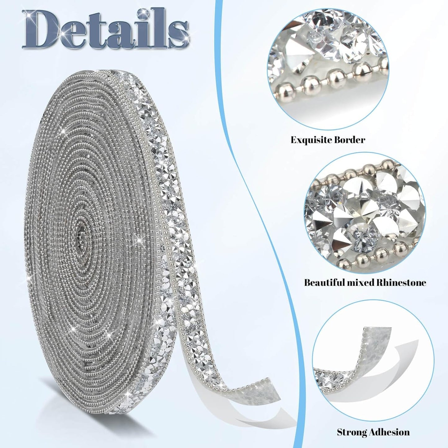 5 Yards Self Adhesive Rhinestone Ribbons, Sliver Rhinestone Strips, Diamond Crystal Rhinestone Ribbon Roll Stickers Glitter Bling Ribbons Rhinestones for Crafts Fabric Car Shoes Décor