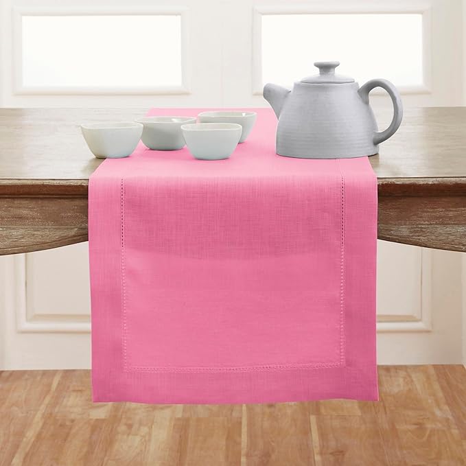 Solino Home Linen Flamingo Pink Table Runner 144 Inches Long - 100% Pure Linen Extra Long Table Runner 14 x 144 Inch for Valentines, Spring, Easter - Classic Hemstitch