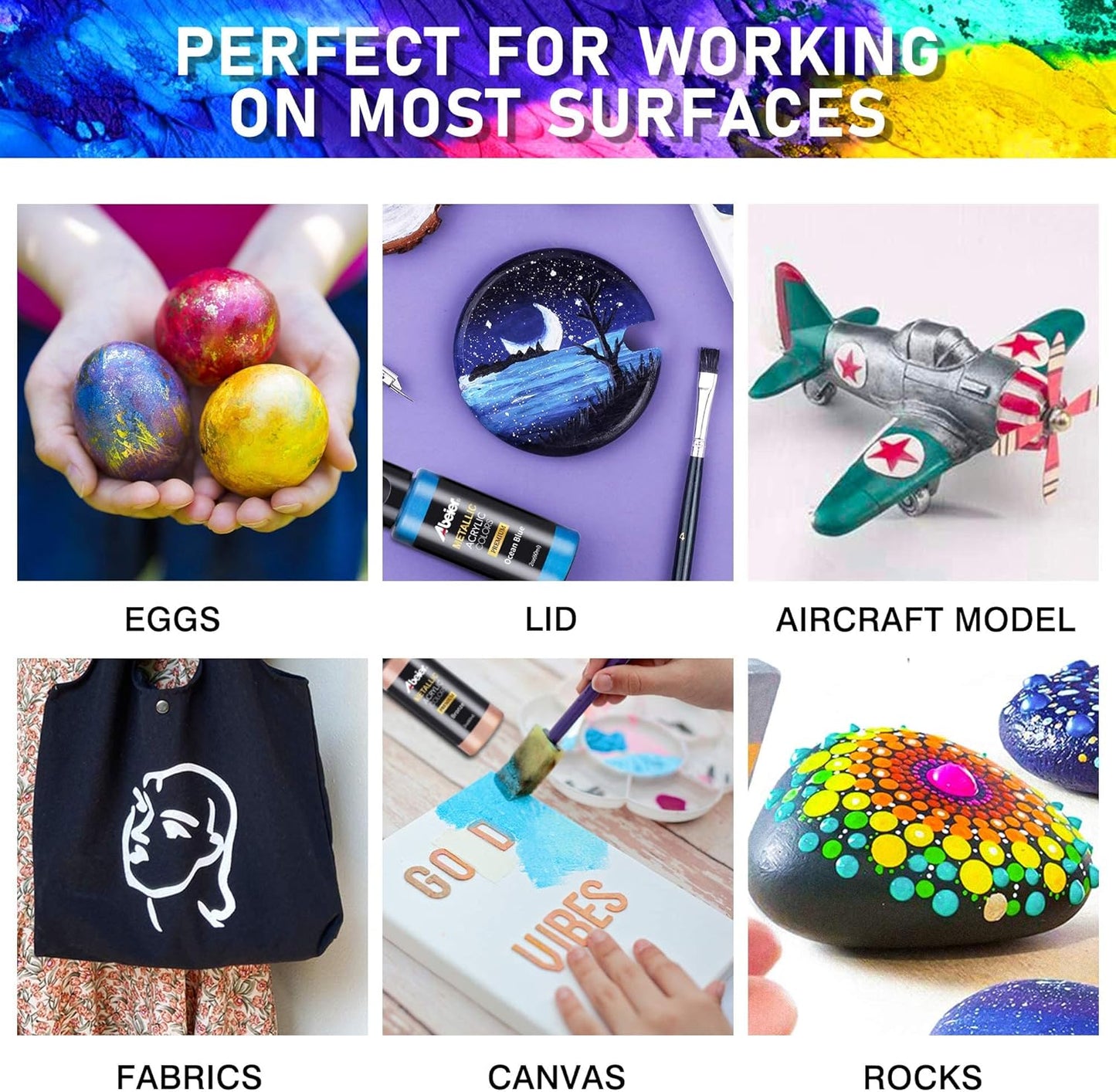 ABEIER Metallic Acrylic Paint, Set of 24 Metallic Colors in 2oz/60ml Bottle, Rich Pigments, Non Fading, Non Toxic Paints for Artist, Beginners & Kids Painting on Rocks Crafts Canvas Wood, Fabric&Stone