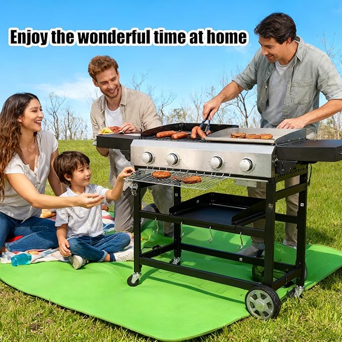 2-Burner Hybrid Grill with Flat Top, 38200 BTU for Backyard & Patio, Perfect for BBQ and Teppanyaki, Features Large Cooking Area & Durable Enamel Construction (2+2 PLANCHA)
