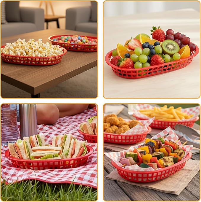 Fast Food Baskets 16-Pack, 10 x 6 Inch Plastic Oval Serving Baskets for Burgers, Bread, Fries & Sandwiches, Restaurant Diner Cafeteria Food Truck Party Use, Reusable&Stackable(Red)