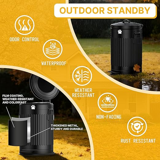 Dog Poop Trash Can Outside, 20L/5Gal Metal Outdoor Trash Can with Lid, Foot Pedal, Dog Waste Container with 20 Bags, Pet Poop Bucket with Soft Close for Backyard Odor Control, Round Black