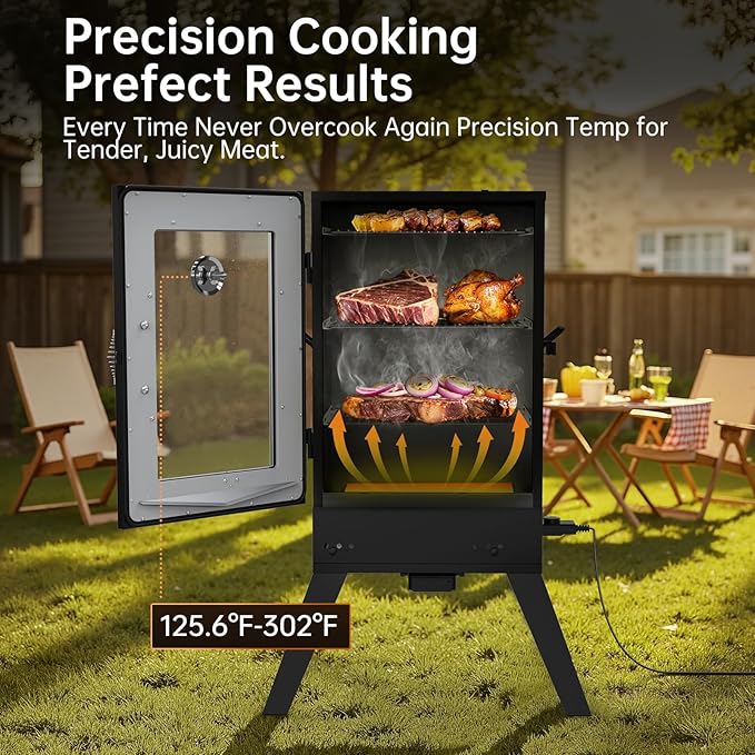 TABU 30-inch Electric Vertical BBQ Smoker with Thermometer & Leg Kit, Large Meat Smoker with Water& Wood Trays for Outdoor Backyard, Black