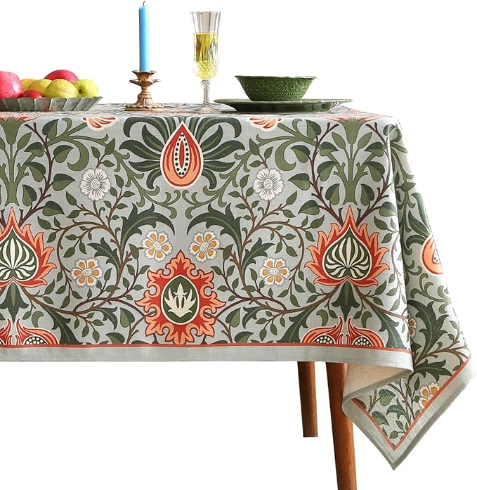 ISAENNE Designer Bohemian Linen Green Small Square Tablecloth,Floral Indoor Table Cloth,Stain Resistant Decor Tablecloths for Dining Thanksgiving Kitchen Party Christmas,55"*55"-Naples