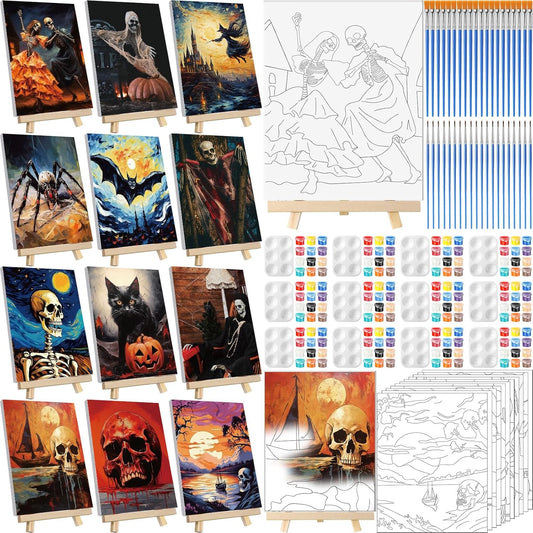 Zhanmai 12 Pack Pre Drawn Canvas for Painting Sip and Paint Kit 8" x 10" Paint Party Set Canvas Painting Pre Printed Canvases for Party Favor DIY Virtual Adult's Date Night(Halloween Ghost)