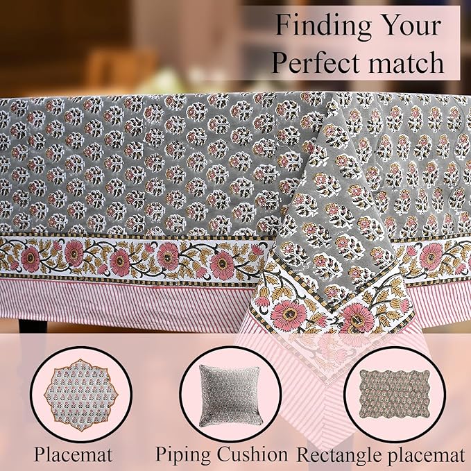CPC Tablecloth 100% Cotton 72x160 Inch Indian Block Print Rectangle Table Cover, Gray Pink Table Cloth for Weddings, Spring/Summer, Barbeque - Labra Gray