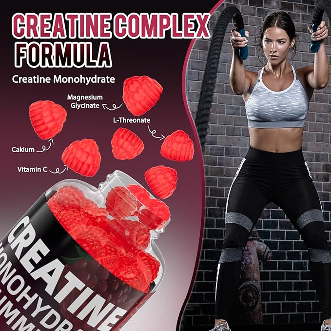 Creatine Monohydrate Gummies for Women & Men,Chew creatine pre Exercise Gummies,Strengthen Muscles,Increase Energy, Replenish Energy Before Exercise,Vegan raspberry-60 Count