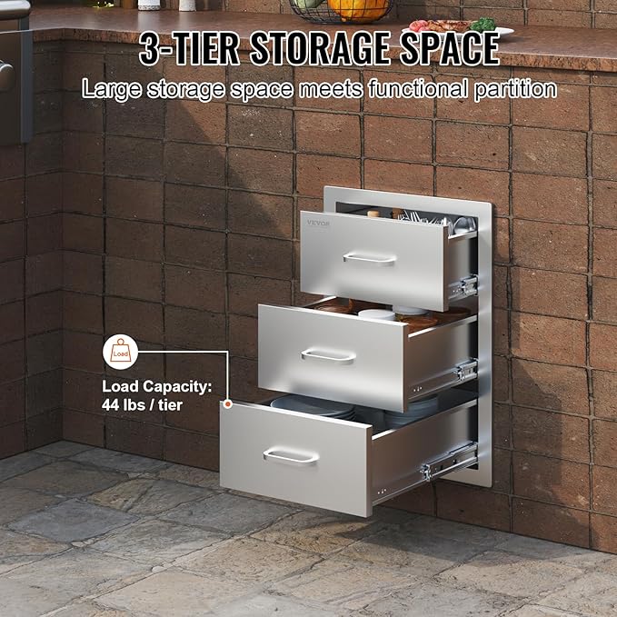 VEVOR Outdoor Kitchen Drawer Cabinets 16" W x 21.5" H x 18" D, BBQ Drawer Stainless Steel, Flush Mount Triple Access, with Handle, BBQ Island, Outdoor Grill Patio Grill Station