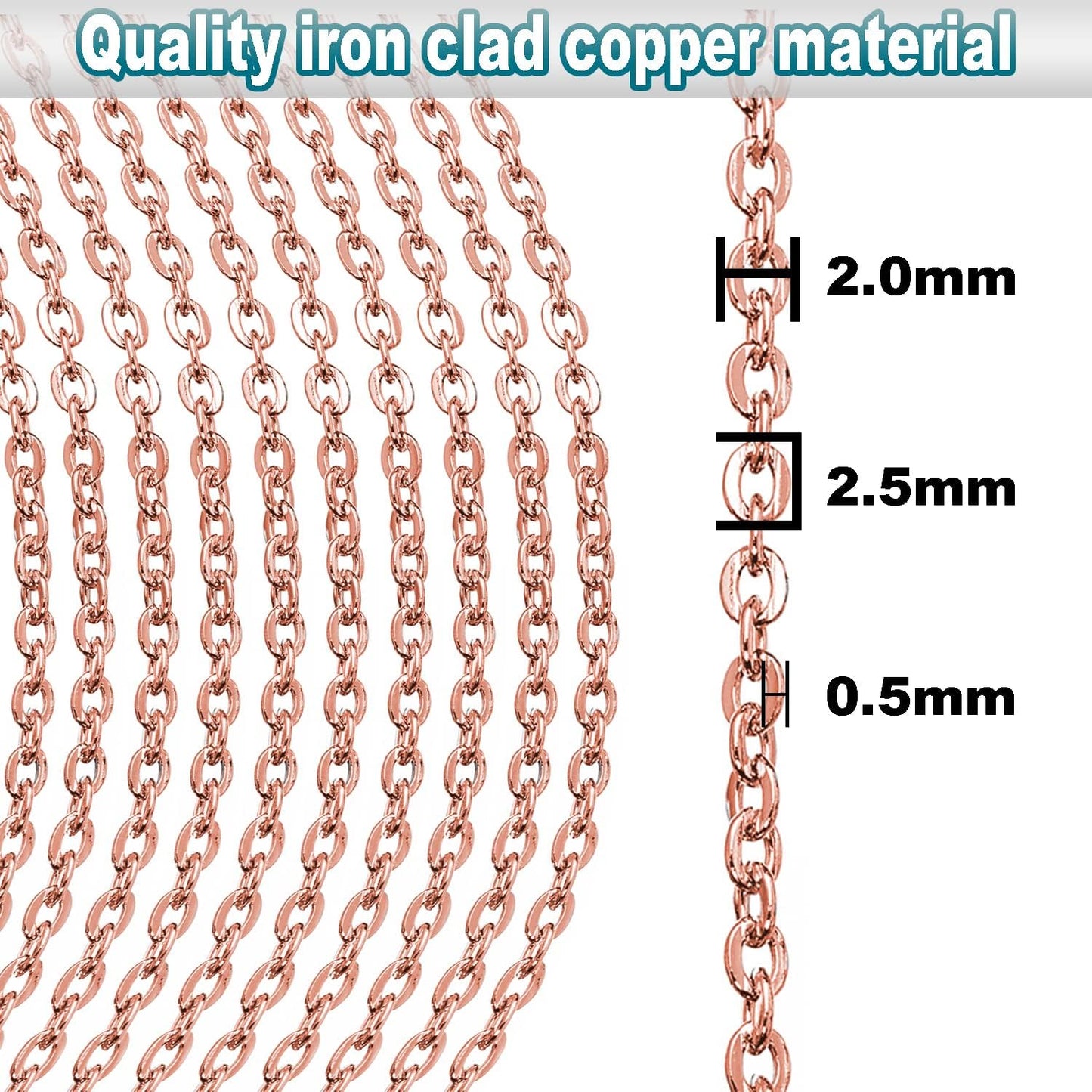 Jishi 33ft Link Cable Chain Roll 2mm, Rose Gold Chain for Jewelry Making Necklace Earring Bracelet DIY Craft Jewelry Making Findings Supplies, Rose Gold Plated Iron Metal Rolo Necklace Chain Spool Set