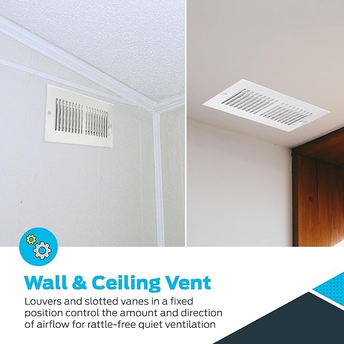 EZ-FLO 10 x 4 Inch (Duct Opening) Air Vent Cover for Wall or Ceiling, Two-Way Ventilation Register, Solid Steel HVAC Register Cover, White, 61609