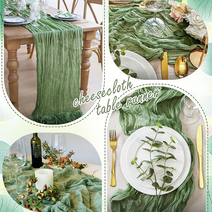 20 Packs Cheesecloth Table Runner 10FT Long Boho Gauze Fabric Table Runner Vintage Rustic Sheer Runners for Wedding Party Bridal Baby Shower Table Decorations (Sage Green)