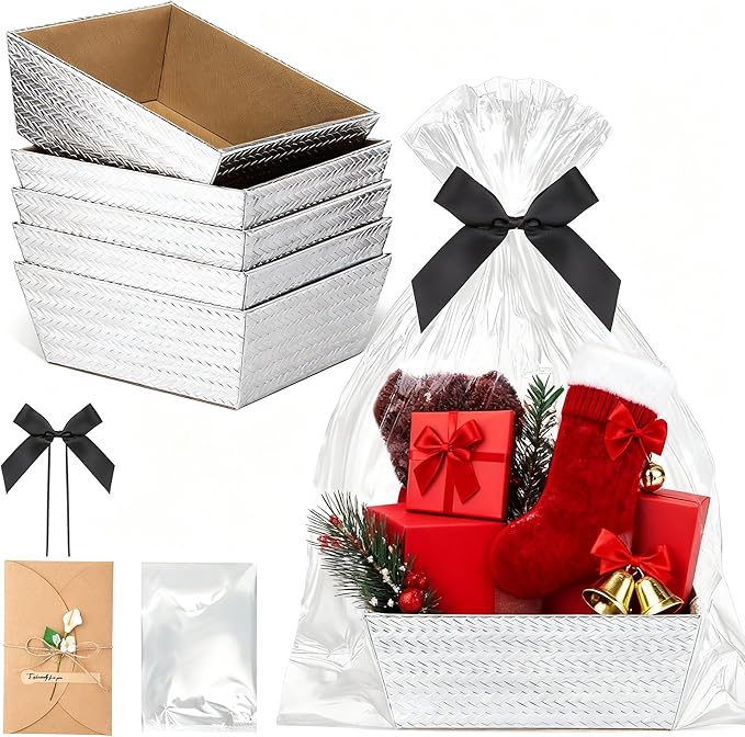 Wonderjune 20 Pcs Valentines Day Gift Baskets Empty To Fill Baskets For Gifts Empty With Gift Bag Bow Valentines Gifts Storage Basket Bulk for Wedding Party Wrapping(Diagonal Silver)