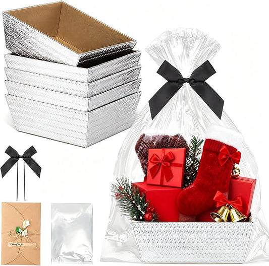 Wonderjune 20 Pcs Valentines Day Gift Baskets Empty To Fill Baskets For Gifts Empty With Gift Bag Bow Valentines Gifts Storage Basket Bulk for Wedding Party Wrapping(Diagonal Silver)