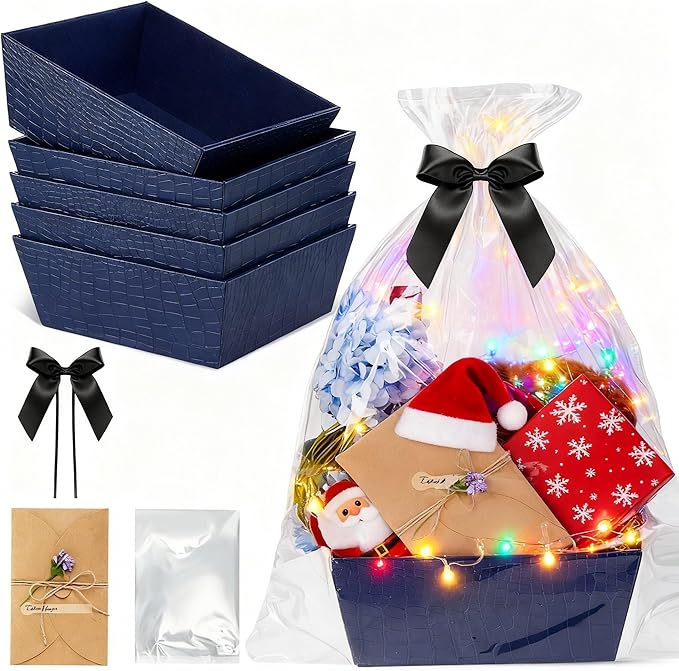 Wonderjune 20 Pcs Valentines Day Gift Baskets Empty To Fill Baskets For Gifts Empty With Gift Bag Bow Valentines Gifts Storage Basket Bulk for Wedding Party Wrapping(Royal Blue)