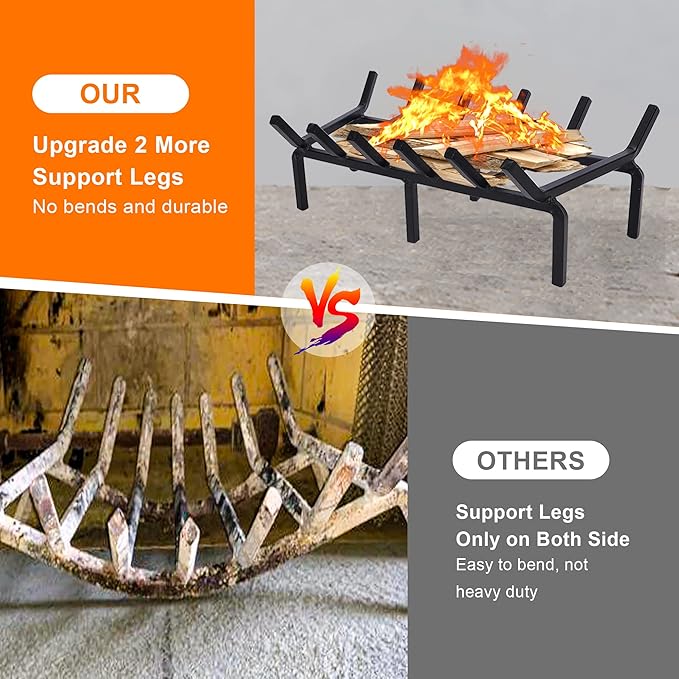 Heavy Duty Solid Steel Fire Grate - 20 Inch Wood Log Rack for Indoor Hearth, Outdoor Fire Pit & Chimney